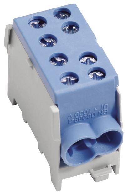 Blauer Kunststoff-Steckverbinder mit sechs Schraubanschlüssen auf einer grauen Basis, für elektrische Verkabelung.