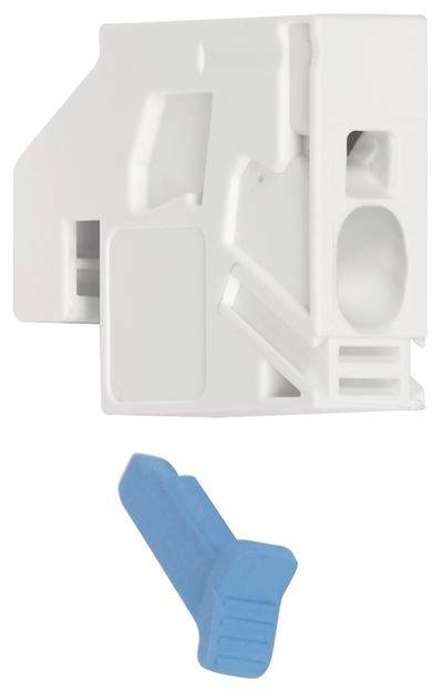 Ein weißer Kunststoffclip mit einem blauen, herausnehmbaren Teil, möglicherweise ein Verschlussmechanismus für elektronische Komponenten.