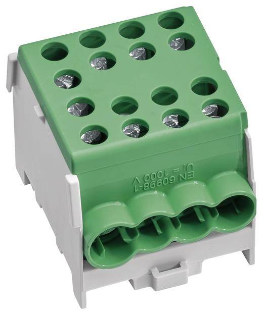 Grüner elektrischer Verbindungsklemmenblock mit mehreren Anschlusslöchern und Befestigungselementen; für elektrische Verkabelungen.