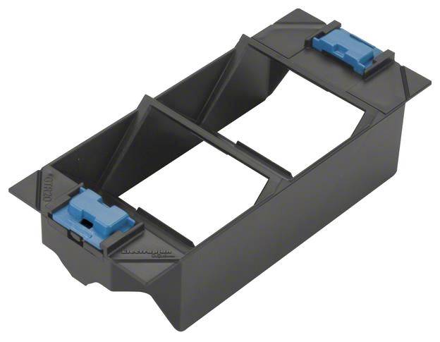 Ein schwarzes Kunststoffteil mit zwei blauen Clips, die möglicherweise Teil eines elektronischen oder mechanischen Geräts sind.