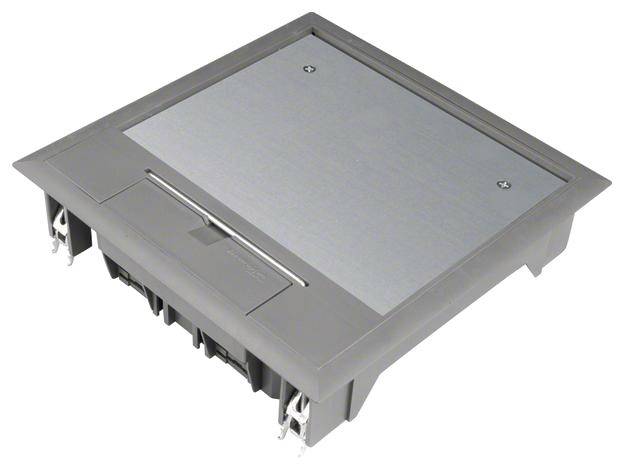 Ein rechteckiger grauer Bodensteckdosenkasten mit einem flachen, metallischen Deckel.