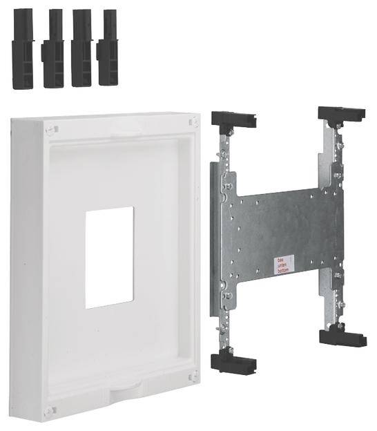 Montagekit mit Kunststoffbox, Metallplatte und Halterungen, geeignet für die Installation in elektrischen oder technischen Anlagen.