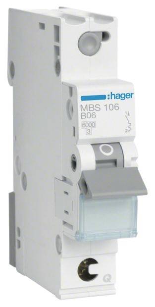 Ein einpoliger Leitungsschutzschalter von Hager, Modell MBS 106, mit der Bezeichnung B06 und einem Nennstrom von 6 Ampere.