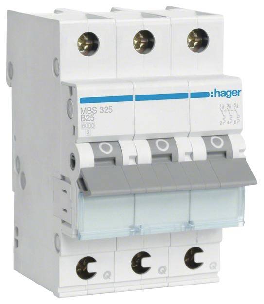 Ein 3-poliger Sicherungsautomat der Marke 'Hager', Modell 'MBS 325 B25', zum Schutz von elektrischen Schaltungen gegen Überlast.