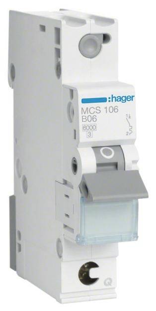 Leitungsschutzschalter mit der Aufschrift 'Hager MCS 106 B06', verwendet zum Schutz elektrischer Installationen vor Überlast.