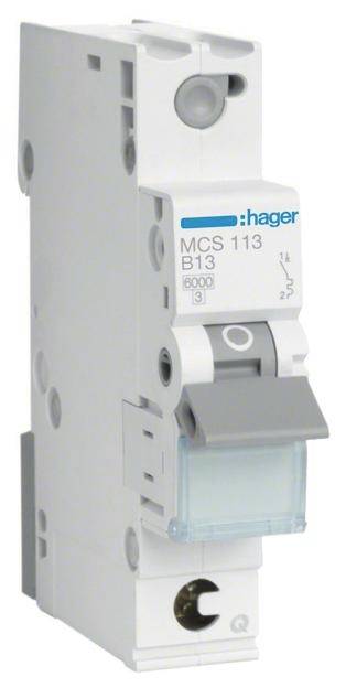 Ein weißer Sicherungsautomat mit der Markierung 'MCS 113 B13' von Hager. Er ist für die elektrische Absicherung in Stromkreisen.