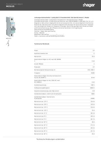 Hager MCS125 MCS125 Leitungsschutzschalter 1polig 25A 400V