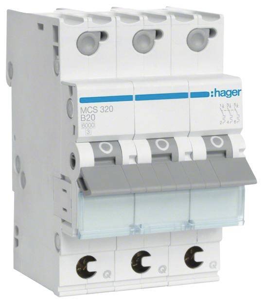 Ein vierpoliger Leitungsschutzschalter der Marke Hager, Modell MCS 320 B20, dient zum Schutz elektrischer Schaltungen vor Überlast.