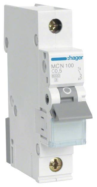 Ein weißer Sicherungsautomat der Marke 'hager' mit der Beschriftung 'MCN 100 C0,5 6000'.