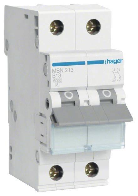 Zweipoliger Sicherungsautomat von Hager, Modell 'MBN 213 B13'. Verwendet zur Stromkreissicherung in elektrischen Installationen.