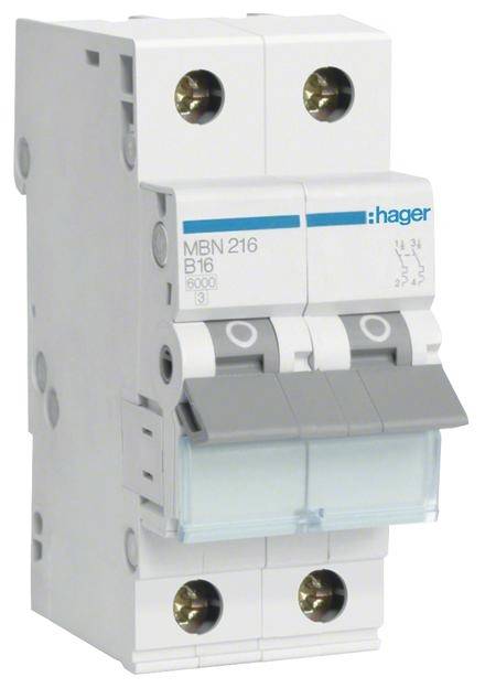 Ein grauer Leistungsschalter mit der Aufschrift 'Hager MBN 216 B16 6000'. Der Schalter hat zwei betätigte Hebel.