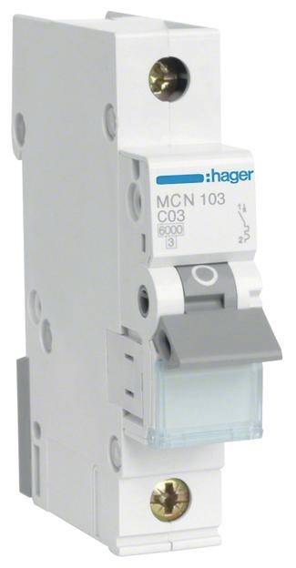 Ein Hager-Leitungsschutzschalter, Modell 'MCN 103 C03', mit Schaltgriff, ist in einer weißen Gehäuse-Version dargestellt.