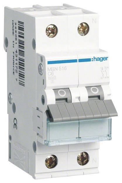 Ein zweipoliger Leistungsschalter von Hager mit der Bezeichnung MBN 516 C6, geeignet für elektrische Schutzmaßnahmen in Stromkreisen.
