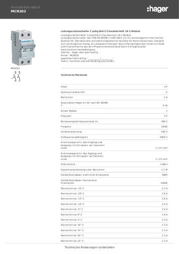 Hager MCN202 MCN202 Leitungsschutzschalter 2polig 2A 400V