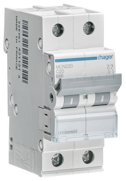 Ein zweipoliger Schutzschalter von Hager, Modell MCN220 C20. Er ist grau mit blauen und weißen Details, geeignet für elektrische Installationen.