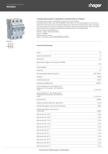 Hager MCN302 MCN302 Leitungsschutzschalter 3polig 2A 400V