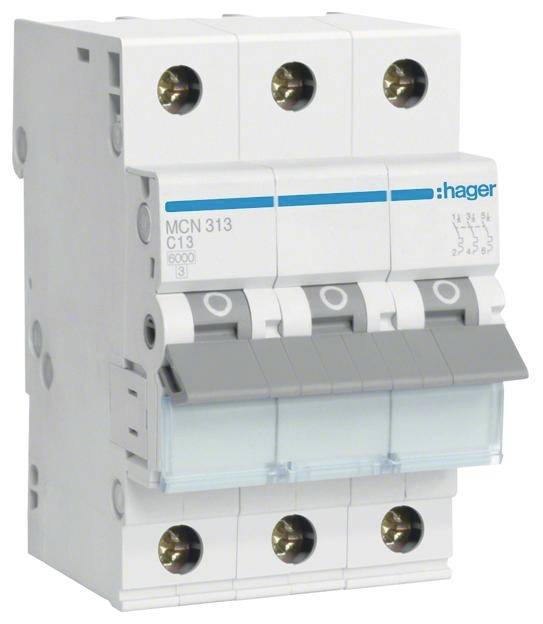 Ein dreipoliger Schutzschalter der Marke Hager mit der Bezeichnung 'MCN 313 C13', geeignet für elektrische Installationssysteme.
