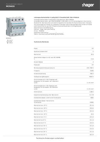 Hager MCN420 MCN420 Leitungsschutzschalter 4polig 20A 400V