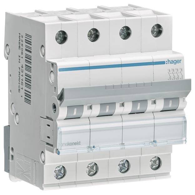 Ein grauer Hager Schutzschalter mit mehreren Kippschaltern, geeignet für elektrische Sicherungssysteme.