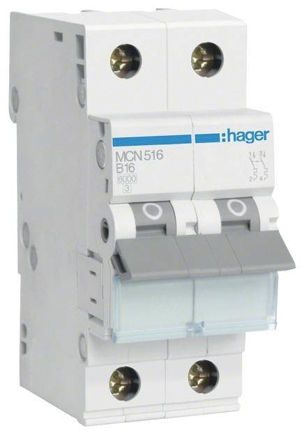 Ein zweipoliger Leitungsschutzschalter von Hager, Modell MCN516 B16, mit sichtbaren Schraubanschlüssen und Schutzschaltern.