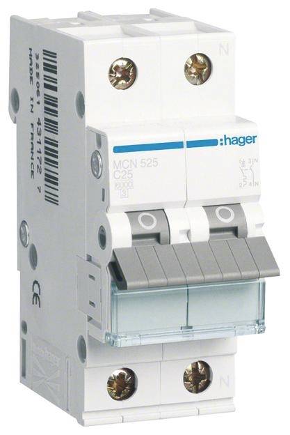 Leitungsschutzschalter mit Markenname 'Hager', Typ MCN 525 C25, weiß, mit blauen und grauen Elementen. Für elektrische Sicherheit.