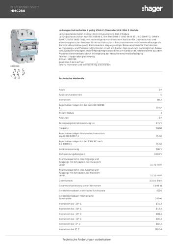 Hager HMC280 HMC280 Leitungsschutzschalter 2polig 80A 415V