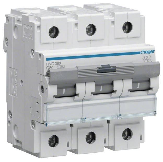 Dreipoliger Schutzschalter mit 'Hager'-Logo, Modell 'HMC 380 C80', in einer grauen Kunststoffumhüllung. Geeignet für elektrische Installationen.