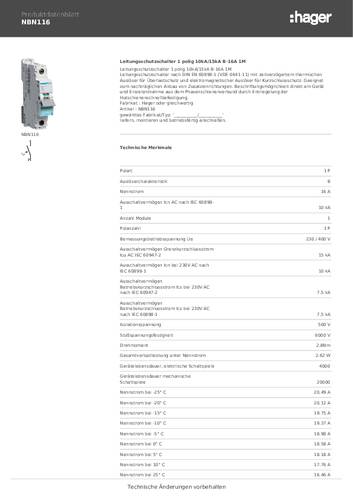 Hager NBN116 NBN116 Leitungsschutzschalter 1polig 16A 400V