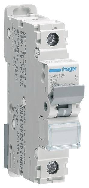 Ein einzelner grauer Schutzschalter der Marke Hager, Modell NBN125 B25. Der Schalter hat eine blaue Hebelvorrichtung und Aufschriften.