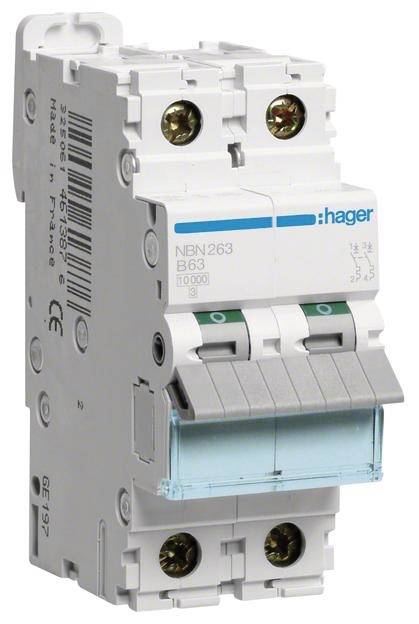 Ein dreipoliger Leitungsschutzschalter mit der Aufschrift 'hager NBN263 B63 10000', geeignet zur Absicherung elektrischer Stromkreise.