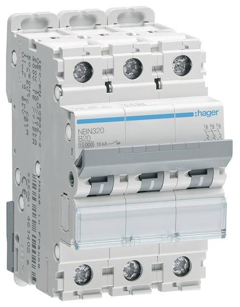 Ein elektrischer Leistungsschalter mit der Aufschrift 'NBN320 B20 10000 15kA', bestehend aus drei Schaltern, zur Steuerung von Stromkreisen.