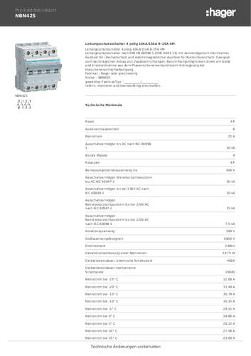 Hager NBN425 NBN425 Leitungsschutzschalter 4polig 25A 400V