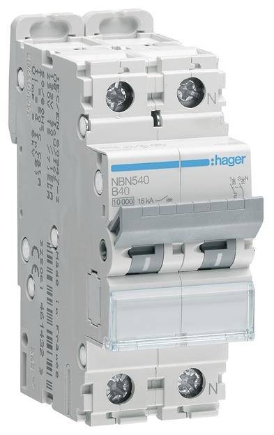 Ein zweipoliger Hager-Leitungsschutzschalter, Modell NBN540 B40, mit technischen Spezifikationen auf der Vorderseite.