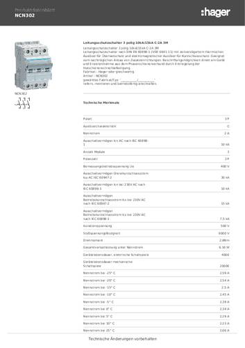 Hager NCN302 NCN302 Leitungsschutzschalter 3polig 2A 400V