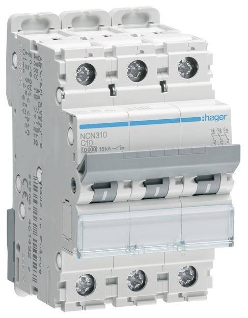 Dreipoliger Leistungsschutzschalter der Marke Hager, Modell NCN310, mit einer Nennstromstärke von 10 A und Abschaltvermögen von 10 kA.