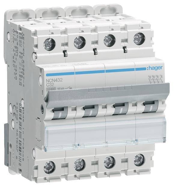 Ein vierschneidiger Leitungsschutzschalter mit dem Aufdruck 'NCN432 C32', geeignet für Elektroinstallationen, Markenname 'Hager'.