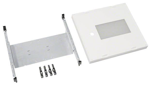 Metallgitter und weißer Abdeckrahmen mit rechteckigem Ausschnitt, montierbar mit vier Befestigungsclips.