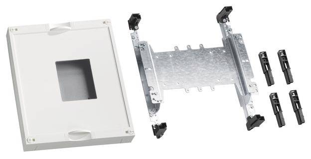 Gehäuse und elektronisches Montageset mit vier Halterungen. Geeignet für Anschluss- und Sicherungsverteilungen, zeigt alle Teile im Lieferumfang.