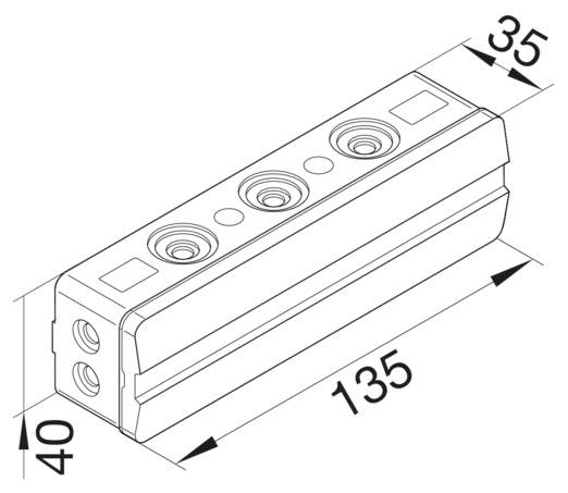 Technische Zeichnung eines Kabelverteilers mit Maßen: 135 mm Länge, 40 mm Höhe, 35 mm Breite. Oberseite mit drei runden Anschlüssen.