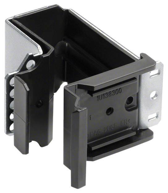 Metallwinkel mit schwarzem Kunststoffelement, geeignet für die Montage in einem industriellen oder technischen Umfeld.