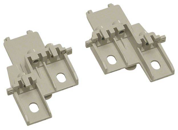 Zwei identische, beige Kunststoffhalterungen mit Lochbefestigungen, vermutlich zur Montage technischer Geräte oder elektronischer Bauteile.
