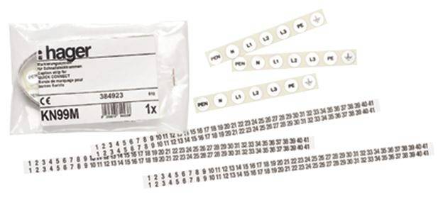 Etiketten-Set von Hager mit weißen Aufklebern für elektrische Kennzeichnungen, zeigt Symbole wie 'PE', 'N', 'L1', 'L2', 'L3'.