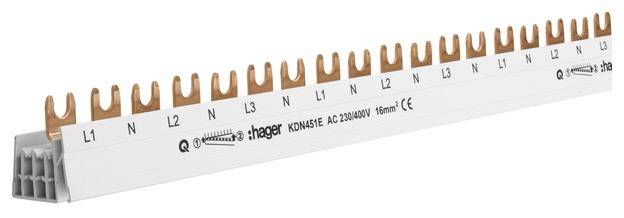 Abgebildet ist ein weißer Elektrik-Sammelschienenverbinder mit abwechselnden Kupferkontakten für Phasen (L1, L2, L3) und Neutralleiter (N).