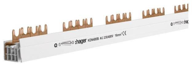 Ein Kupfer-Sammelschienenverbinder mit mehreren Anschlüssen, beschriftet als 'Hager KDN463B AC 230/400V 16mm²'.