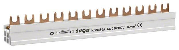 Ein elektrischer Sammelschienenverbinder von Hager mit mehreren Kupferkontakten. Modell KDN 408A, für 230/400V, 16 mm².