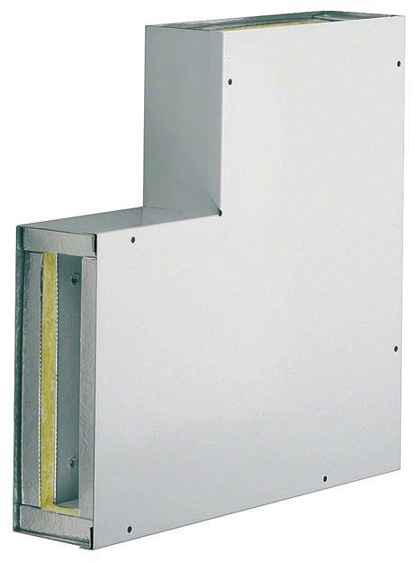 Metallischer Lüftungskanal mit einem abgewinkelten Design, hauptsächlich zur Leitung von Luftströmen genutzt.