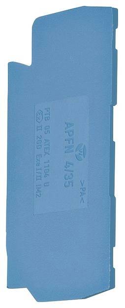 Ein rechteckiges, blaues Elektronikgehäusebauteil mit spezifischen technischen Beschriftungen in der Mitte.