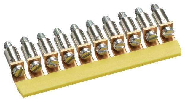 Gelbe Erdungsschiene mit zehn metallischen Schraubanschlüssen, verwendet für elektrische Verbindungen.