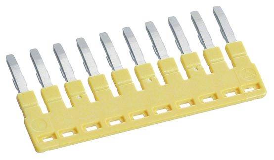 Ein gelber Phasenschienenverbinder mit zehn Metallkontakten, typischerweise zur elektrischen Verteilung in Schaltschränken verwendet.