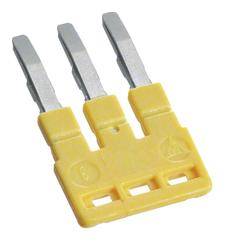 Dreipoliger gelber Sicherungsstecker mit Metallkontakten, verwendet für elektrische Verbindungen in elektronischen Geräten.